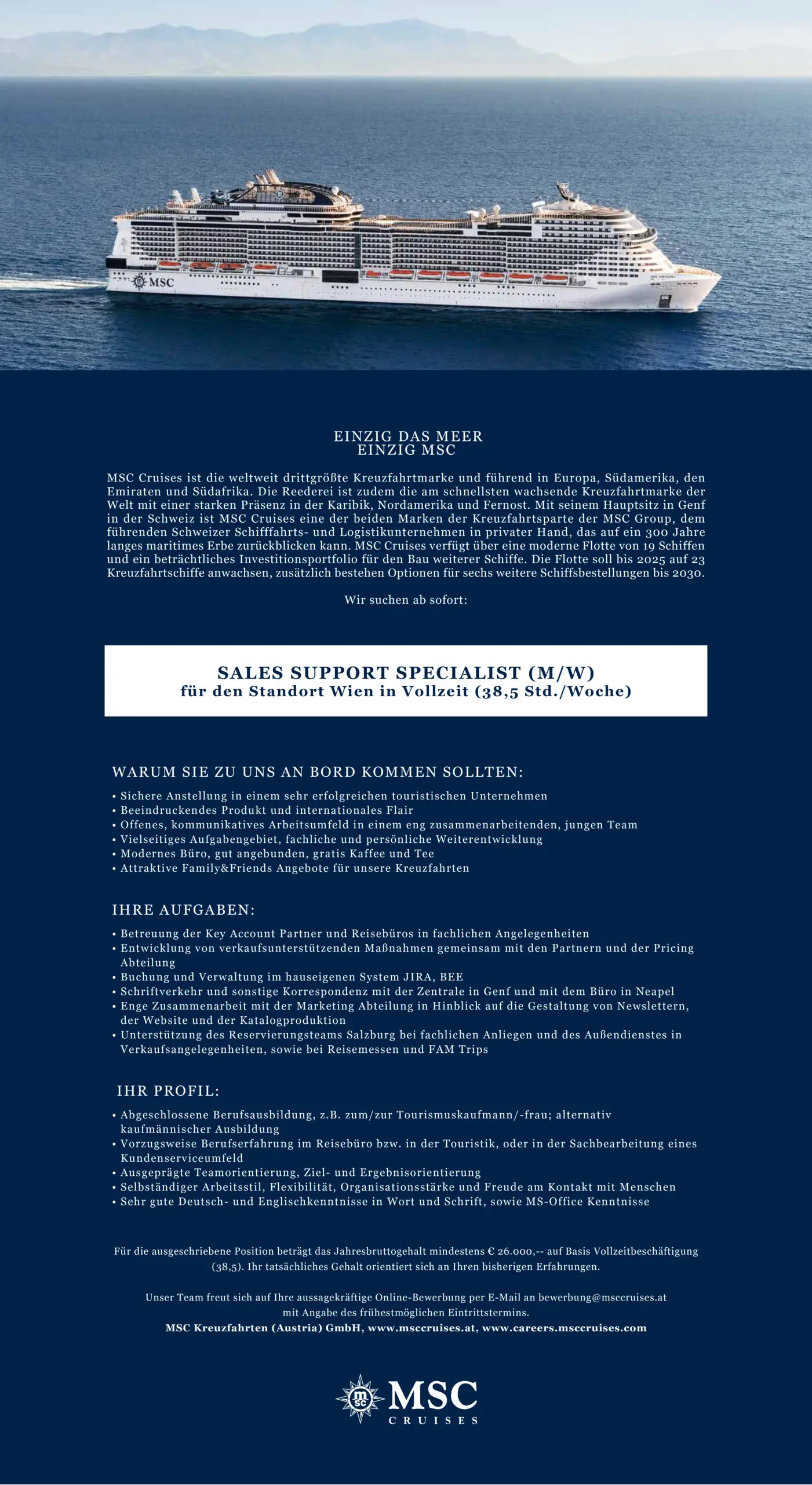 MSC Cruises sucht eine/n Sales Support Specialist
