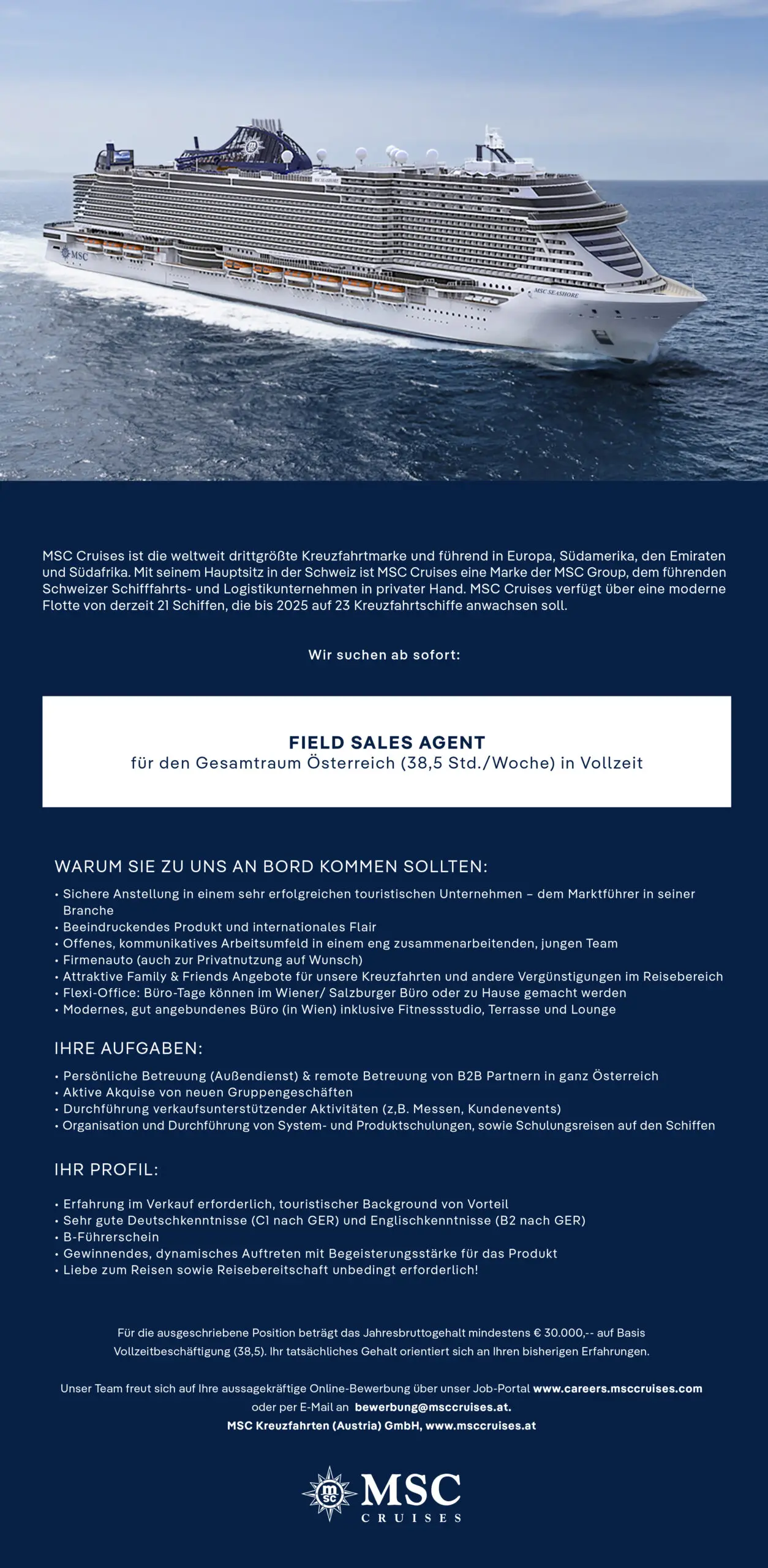 MSC Cruises sucht einen Field Sales Agent (m/w/d)