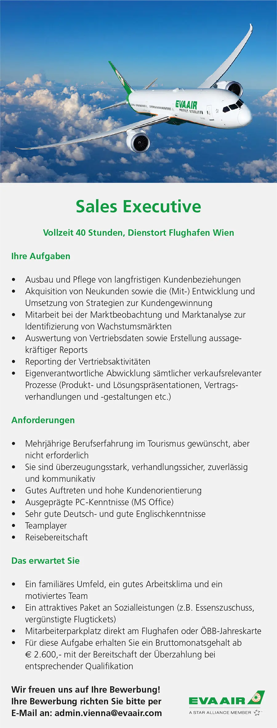 EVA Air sucht eine/n Sales Executive